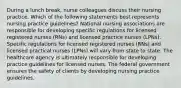 During a lunch break, nurse colleagues discuss their nursing practice. Which of the following statements best represents nursing practice guidelines? National nursing associations are responsible for developing specific regulations for licensed registered nurses (RNs) and licensed practice nurses (LPNs). Specific regulations for licensed registered nurses (RNs) and licensed practical nurses (LPNs) will vary from state to state. The healthcare agency is ultimately responsible for developing practice guidelines for licensed nurses. The federal government ensures the safety of clients by developing nursing practice guidelines.