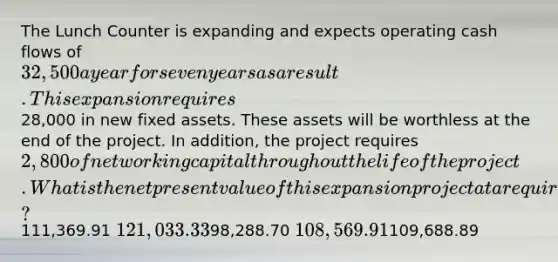 The Lunch Counter is expanding and expects operating cash flows of 32,500 a year for seven years as a result. This expansion requires28,000 in new fixed assets. These assets will be worthless at the end of the project. In addition, the project requires 2,800 of net working capital throughout the life of the project. What is the net present value of this expansion project at a required rate of return of 14 percent?111,369.91 121,033.3398,288.70 108,569.91109,688.89