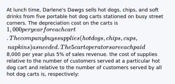 At lunch time, Darlene's Dawgs sells hot dogs, chips, and soft drinks from five portable hot dog carts stationed on busy street corners. The depreciation cost on the carts is 1,000 per year for each cart. The company buys supplies (hot dogs, chips, cups, napkins) as needed. The 5 cart operators are each paid8,000 per year plus 5% of sales revenue. the cost of supplies relative to the number of customers served at a particular hot dog cart and relative to the number of customers served by all hot dog carts is, respectively: