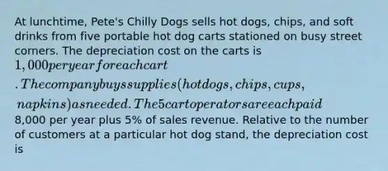 At lunchtime, Pete's Chilly Dogs sells hot dogs, chips, and soft drinks from five portable hot dog carts stationed on busy street corners. The depreciation cost on the carts is 1,000 per year for each cart. The company buys supplies (hot dogs, chips, cups, napkins) as needed. The 5 cart operators are each paid8,000 per year plus 5% of sales revenue. Relative to the number of customers at a particular hot dog stand, the depreciation cost is