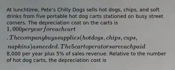 At lunchtime, Pete's Chilly Dogs sells hot dogs, chips, and soft drinks from five portable hot dog carts stationed on busy street corners. The depreciation cost on the carts is 1,000 per year for each cart. The company buys supplies (hot dogs, chips, cups, napkins) as needed. The 5 cart operators are each paid8,000 per year plus 5% of sales revenue. Relative to the number of hot dog carts, the depreciation cost is