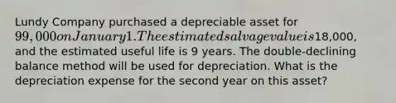 Lundy Company purchased a depreciable asset for 99,000 on January 1. The estimated salvage value is18,000, and the estimated useful life is 9 years. The double-declining balance method will be used for depreciation. What is the depreciation expense for the second year on this asset?