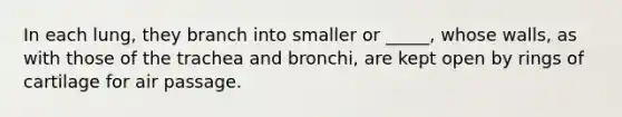 In each lung, they branch into smaller or _____, whose walls, as with those of the trachea and bronchi, are kept open by rings of cartilage for air passage.