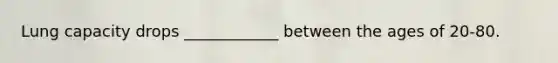 Lung capacity drops ____________ between the ages of 20-80.
