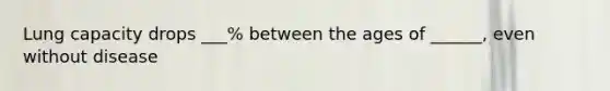 Lung capacity drops ___% between the ages of ______, even without disease