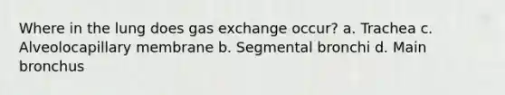 Where in the lung does <a href='https://www.questionai.com/knowledge/kU8LNOksTA-gas-exchange' class='anchor-knowledge'>gas exchange</a> occur? a. Trachea c. Alveolocapillary membrane b. Segmental bronchi d. Main bronchus