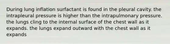 During lung inflation surfactant is found in the pleural cavity. the intrapleural pressure is higher than the intrapulmonary pressure. the lungs cling to the internal surface of the chest wall as it expands. the lungs expand outward with the chest wall as it expands