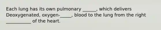 Each lung has its own pulmonary ______, which delivers Deoxygenated, oxygen-_____, blood to the lung from the right ___________ of the heart.