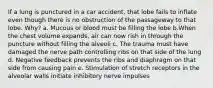 If a lung is punctured in a car accident, that lobe fails to inflate even though there is no obstruction of the passageway to that lobe. Why? a. Mucous or blood must be filling the lobe b.When the chest volume expands, air can now rish in through the puncture without filling the alveoli c. The trauma must have damaged the nerve path controlling ribs on that side of the lung d. Negative feedback prevents the ribs and diaphragm on that side from causing pain e. Stimulation of stretch receptors in the alveolar walls initiate inhibitory nerve impulses