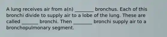 A lung receives air from a(n) ________ bronchus. Each of this bronchi divide to supply air to a lobe of the lung. These are called _______ bronchi. Then ________ bronchi supply air to a bronchopulmonary segment.