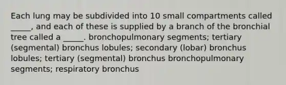 Each lung may be subdivided into 10 small compartments called _____, and each of these is supplied by a branch of the bronchial tree called a _____. bronchopulmonary segments; tertiary (segmental) bronchus lobules; secondary (lobar) bronchus lobules; tertiary (segmental) bronchus bronchopulmonary segments; respiratory bronchus