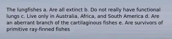 The lungfishes a. Are all extinct b. Do not really have functional lungs c. Live only in Australia, Africa, and South America d. Are an aberrant branch of the cartilaginous fishes e. Are survivors of primitive ray-finned fishes