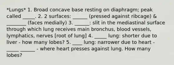 *Lungs* 1. Broad concave base resting on diaphragm; peak called _____. 2. 2 surfaces: ______ (pressed against ribcage) & ________ (faces medially) 3. ______: slit in the mediastinal surface through which lung receives main bronchus, blood vessels, lymphatics, nerves [root of lung] 4. _____ lung: shorter due to liver - how many lobes? 5. ____ lung: narrower due to heart - _____ ______ - where heart presses against lung. How many lobes?