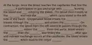 At the lungs: once the blood reaches the capillaries that line the ________, it participates in gas exchange with ____ ____ leaving the blood and ____ entering the blood. -The blood then travels to the ____ ____ and into the ____ ____, which carry blood to the left side of the heart. -Oxygenated blood enters the _____ ____, travels through the ____ ______, and enters the ____ ______. -On contraction, the blood from the left ventricle passes through the _______ _______, enters the _____. -From the aorta, blood enters the ______, then the ________, and finally the _________. -After gas and nutrient exchange occurs at the capillaries, the blood enters the ________, which lead to the larger _______.