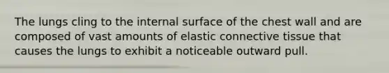 The lungs cling to the internal surface of the chest wall and are composed of vast amounts of elastic connective tissue that causes the lungs to exhibit a noticeable outward pull.