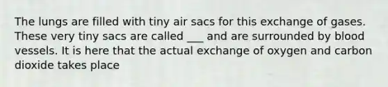 The lungs are filled with tiny air sacs for this exchange of gases. These very tiny sacs are called ___ and are surrounded by blood vessels. It is here that the actual exchange of oxygen and carbon dioxide takes place