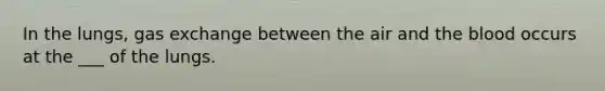 In the lungs, gas exchange between the air and the blood occurs at the ___ of the lungs.