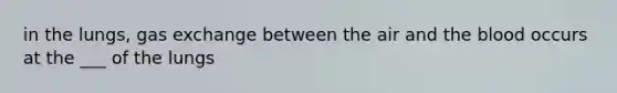 in the lungs, gas exchange between the air and the blood occurs at the ___ of the lungs