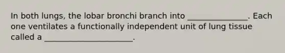 In both lungs, the lobar bronchi branch into _______________. Each one ventilates a functionally independent unit of lung tissue called a ______________________.