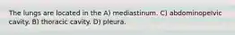 The lungs are located in the A) mediastinum. C) abdominopelvic cavity. B) thoracic cavity. D) pleura.