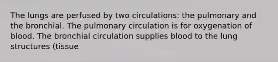 The lungs are perfused by two circulations: the pulmonary and the bronchial. The pulmonary circulation is for oxygenation of blood. The bronchial circulation supplies blood to the lung structures (tissue