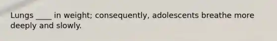Lungs ____ in weight; consequently, adolescents breathe more deeply and slowly.