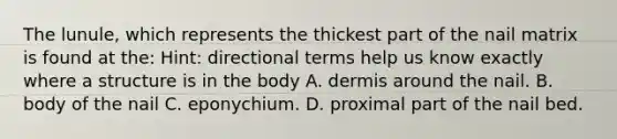 The lunule, which represents the thickest part of the nail matrix is found at the: Hint: directional terms help us know exactly where a structure is in the body A. dermis around the nail. B. body of the nail C. eponychium. D. proximal part of the nail bed.