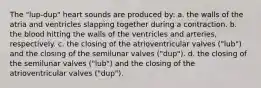 The "lup-dup" heart sounds are produced by: a. the walls of the atria and ventricles slapping together during a contraction. b. the blood hitting the walls of the ventricles and arteries, respectively. c. the closing of the atrioventricular valves ("lub") and the closing of the semilunar valves ("dup"). d. the closing of the semilunar valves ("lub") and the closing of the atrioventricular valves ("dup").