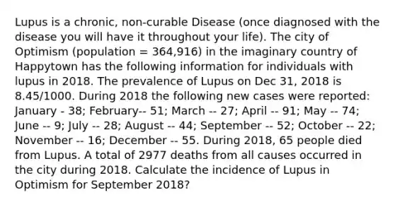 Lupus is a chronic, non-curable Disease (once diagnosed with the disease you will have it throughout your life). The city of Optimism (population = 364,916) in the imaginary country of Happytown has the following information for individuals with lupus in 2018. The prevalence of Lupus on Dec 31, 2018 is 8.45/1000. During 2018 the following new cases were reported: January - 38; February-- 51; March -- 27; April -- 91; May -- 74; June -- 9; July -- 28; August -- 44; September -- 52; October -- 22; November -- 16; December -- 55. During 2018, 65 people died from Lupus. A total of 2977 deaths from all causes occurred in the city during 2018. Calculate the incidence of Lupus in Optimism for September 2018?