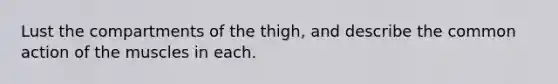 Lust the compartments of the thigh, and describe the common action of the muscles in each.