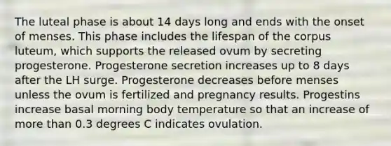 The luteal phase is about 14 days long and ends with the onset of menses. This phase includes the lifespan of the corpus luteum, which supports the released ovum by secreting progesterone. Progesterone secretion increases up to 8 days after the LH surge. Progesterone decreases before menses unless the ovum is fertilized and pregnancy results. Progestins increase basal morning body temperature so that an increase of <a href='https://www.questionai.com/knowledge/keWHlEPx42-more-than' class='anchor-knowledge'>more than</a> 0.3 degrees C indicates ovulation.