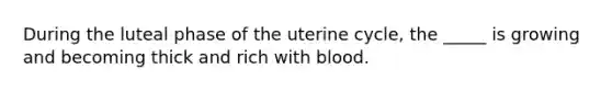 During the luteal phase of the uterine cycle, the _____ is growing and becoming thick and rich with blood.