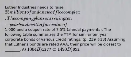 Luther Industries needs to raise 25 million to fund a new office complex. The company plans on issuing ten-year bonds with a face value of1,000 and a coupon rate of 7.5% (annual payments). The following table summarizes the YTM for similar ten-year corporate bonds of various credit ratings: (p. 239 #18) Assuming that Lutherʹs bonds are rated AAA, their price will be closest to ________. A) 1064 B)1277 C) 1490 D)852