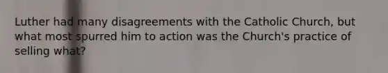 Luther had many disagreements with the Catholic Church, but what most spurred him to action was the Church's practice of selling what?