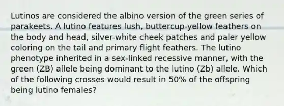 Lutinos are considered the albino version of the green series of parakeets. A lutino features lush, buttercup-yellow feathers on the body and head, silver-white cheek patches and paler yellow coloring on the tail and primary flight feathers. The lutino phenotype inherited in a sex-linked recessive manner, with the green (ZB) allele being dominant to the lutino (Zb) allele. Which of the following crosses would result in 50% of the offspring being lutino females?