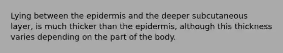 Lying between the epidermis and the deeper subcutaneous layer, is much thicker than the epidermis, although this thickness varies depending on the part of the body.