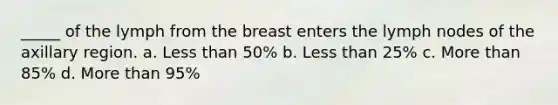 _____ of the lymph from the breast enters the lymph nodes of the axillary region. a. Less than 50% b. Less than 25% c. More than 85% d. More than 95%