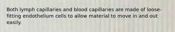 Both lymph capillaries and blood capillaries are made of loose-fitting endothelium cells to allow material to move in and out easily.