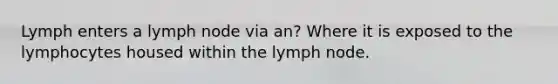 Lymph enters a lymph node via an? Where it is exposed to the lymphocytes housed within the lymph node.