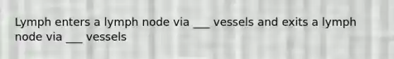 Lymph enters a lymph node via ___ vessels and exits a lymph node via ___ vessels