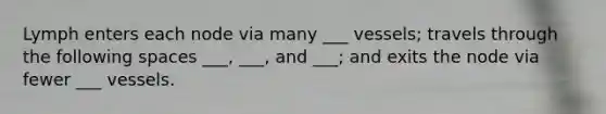 Lymph enters each node via many ___ vessels; travels through the following spaces ___, ___, and ___; and exits the node via fewer ___ vessels.