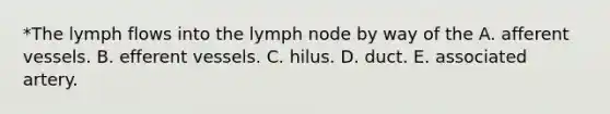 *The lymph flows into the lymph node by way of the A. afferent vessels. B. efferent vessels. C. hilus. D. duct. E. associated artery.