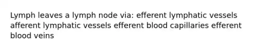 Lymph leaves a lymph node via: efferent lymphatic vessels afferent lymphatic vessels efferent blood capillaries efferent blood veins