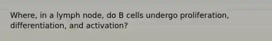 Where, in a lymph node, do B cells undergo proliferation, differentiation, and activation?