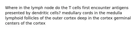 Where in the lymph node do the T cells first encounter antigens presented by dendritic cells? medullary cords in the medulla lymphoid follicles of the outer cortex deep in the cortex germinal centers of the cortex