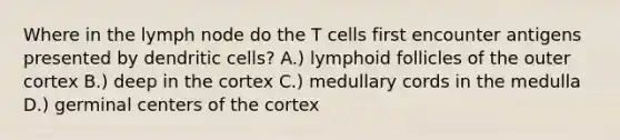 Where in the lymph node do the T cells first encounter antigens presented by dendritic cells? A.) lymphoid follicles of the outer cortex B.) deep in the cortex C.) medullary cords in the medulla D.) germinal centers of the cortex