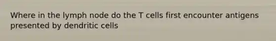 Where in the lymph node do the T cells first encounter antigens presented by dendritic cells