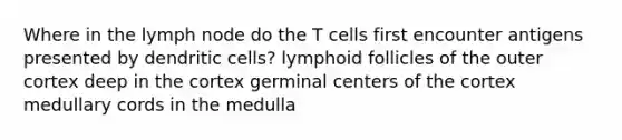 Where in the lymph node do the T cells first encounter antigens presented by dendritic cells? lymphoid follicles of the outer cortex deep in the cortex germinal centers of the cortex medullary cords in the medulla