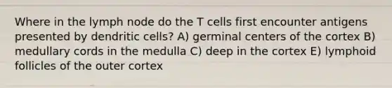 Where in the lymph node do the T cells first encounter antigens presented by dendritic cells? A) germinal centers of the cortex B) medullary cords in the medulla C) deep in the cortex E) lymphoid follicles of the outer cortex