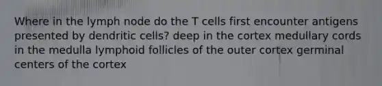 Where in the lymph node do the T cells first encounter antigens presented by dendritic cells? deep in the cortex medullary cords in the medulla lymphoid follicles of the outer cortex germinal centers of the cortex